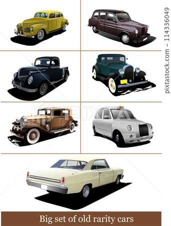 Big set of old cars on isolated background. 3d color Vector illustration 114336049