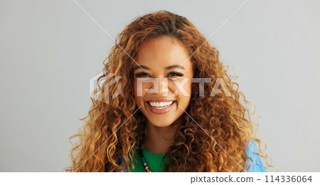 Woman, fashion and smile with necklace in studio on white background, happy and confident with trendy outfit. Closeup, female person and excited with clothes on colorful top with jewelry and style 114336064