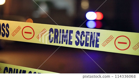 Police, sirens and yellow tape for crime scene, investigation and barricade in night for warning, danger or sign. Forensic inspection, street or road with security for robbery, murder and no entry Police, sirens and yellow tape for crime scene, investigation and barricade in night for warning, danger or sign. Forensic inspection, street or road with security for robbery, murder and no entry 114336068