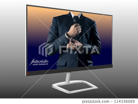 Flat computer monitor with businessman image. Display. Vector 3d illustration 114336089