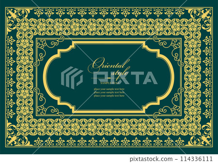 Gold ornament on dark background. Can be used as invitation card. Book cover. Vector illustration 114336111