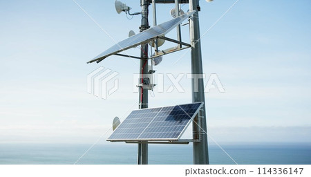 Solar panel, energy and roof with ocean, sky and horizon with sustainability, power or off grid development. Photovoltaic tech, electricity and outdoor with ecology for environment by sea in Tokyo Solar panel, energy and roof with ocean, sky and horizon with sustainability, power or off grid development. Photovoltaic tech, electricity and outdoor with ecology for environment by sea in Tokyo 114336147