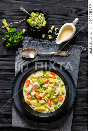 Knoephla soup, german dumpling soup in a bowl Knoephla soup, german dumpling soup in a bowl 114336179