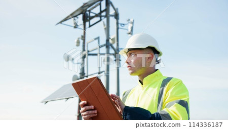 Man, tablet and engineer for inspection, research or alternative energy in solar panel maintenance on rooftop. Male person, contractor or technician on technology for photovoltaic checklist in city 114336187