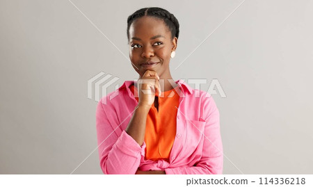 Thinking, smile and black woman in studio with idea, solution or insight expression on grey background. Why, face and female model with brainstorming emoji for choice, opinion or solution decision Thinking, smile and black woman in studio with idea, solution or insight expression on grey background. Why, face and female model with brainstorming emoji for choice, opinion or solution decision 114336218