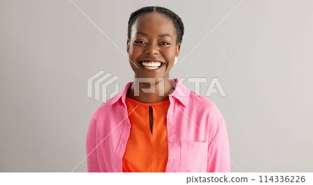 Fashion, face or happy black woman in studio with positive mindset, confidence or feel good mood on grey background. Style, portrait or African female model smile for trendy, clothes or outfit choice Fashion, face or happy black woman in studio with positive mindset, confidence or feel good mood on grey background. Style, portrait or African female model smile for trendy, clothes or outfit choice 114336226