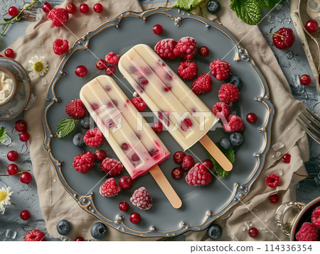 Berry infused cream popsicles on a vintage plate. Generative AI. 114336354