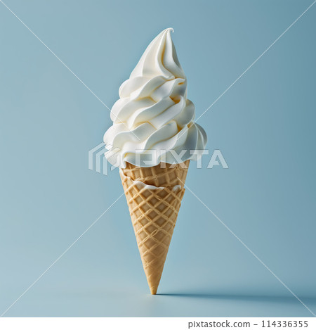 A swirl of ice cream cone on blue background. Generative AI. 114336355