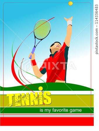 Tennis player poster. Colored Vector 3d illustration for designers Tennis player poster. Colored Vector 3d illustration for designers 114336483