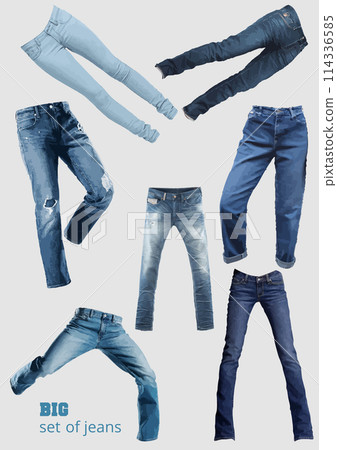 Big set of men's and women's jeans in front, back and side views. Isolated on white. Casual style. Vector illustration for your fashion design. 114336585