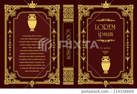 Cover book for medieval novel. Old retro ornament frames. Royal Golden style design. Vintage Border to be printed on the covers of books. Vector illustration 114336609