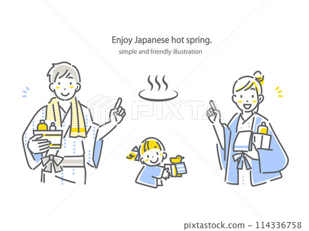 一個年輕的家庭穿著浴衣享受溫泉 — 簡單時尚的線條畫插圖 114336758