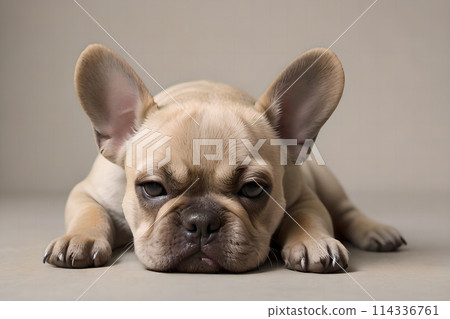A cute French bulldog lying on the ground unhappy 114336761