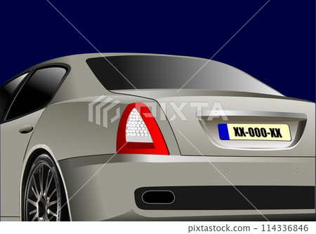 Rear view car sedan with the image of a state number. 3d color vector illustration 114336846