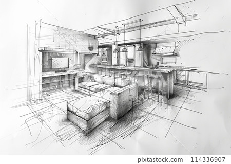 A beautifully detailed drawing showcasing a seamless fusion of a stylish living room and modern kitchen with chic design elements and innovative layout. Generative AI 114336907
