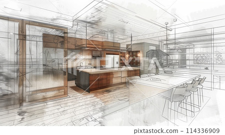 A detailed drawing of an inviting kitchen and dining room, showcasing modern appliances, cozy decor, and a harmonious layout. Generative AI 114336909