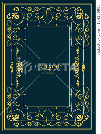 Gold ornament on dark background. Can be used as invitation card. Book cover. Vector illustration 114336993