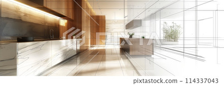 A hand-drawn kitchen design showcasing a stylish counter and sleek cabinets, brimming with functional elegance and modern charm. Generative AI 114337043