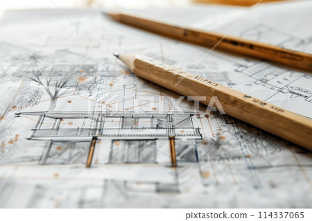 A pencil rests atop a table, surrounded by intricate drawings of project renovation plans and design ideas. Generative AI 114337065