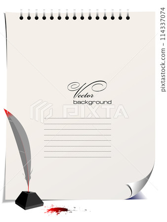 Blank page, feather and blots. Color 3d vector illustration Blank page, feather and blots. Color 3d vector illustration 114337074
