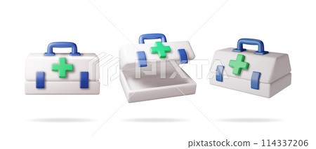 3d set of first aid kit with green cross 114337206