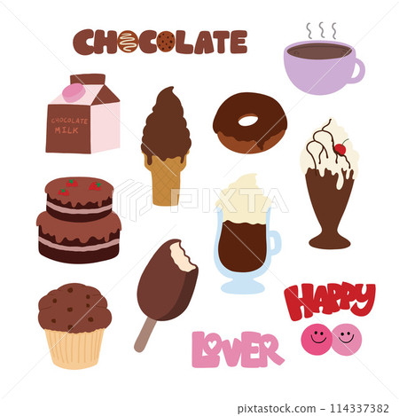 Hand drawn chocolate elements such as milk box, ice cream cone, hot drink, donut, cake, cupcake, milk shake for sweet dessert, snack, cafe, restaurant, menu, recipe, baking, grocery shopping, market Hand drawn chocolate elements such as milk box, ice cream cone, hot drink, donut, cake, cupcake, milk shake for sweet dessert, snack, cafe, restaurant, menu, recipe, baking, grocery shopping, market 114337382