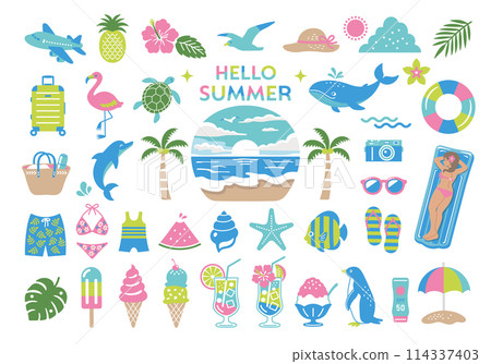 Summer and sea illustration set, tropical travel icon, beach decoration Summer and sea illustration set, tropical travel icon, beach decoration 114337403