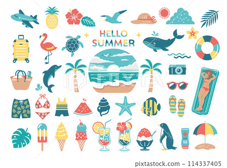 Summer and sea illustration set, tropical travel icon, beach decoration 114337405