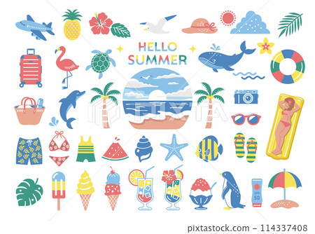 Summer and sea illustration set, tropical travel icon, beach decoration Summer and sea illustration set, tropical travel icon, beach decoration 114337408