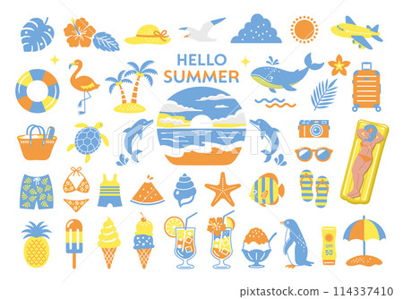 Summer and sea illustration set, tropical travel icon, beach decoration Summer and sea illustration set, tropical travel icon, beach decoration 114337410
