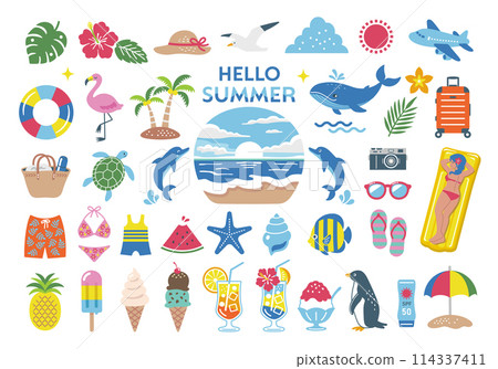 Summer and sea illustration set, tropical travel icon, beach decoration 114337411