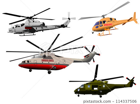 Four Helicopters. Color Vector 3d illustration 114337506