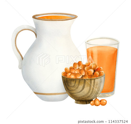 Watercolor sea buckthorn juice in white ceramic jug and glass with Hippophae berries in wooden bowl watercolor illustration isolated on white. Hand drawn healthy farm drink for rustic diet food 114337524