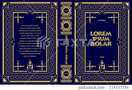 Cover book for medieval novel. Old retro ornament frames. Royal Golden style design. Vintage Border to be printed on the covers of books. Vector illustration 114337556