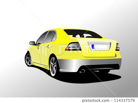 Yellow car sedan on the road. Vector 3d illustration Yellow car sedan on the road. Vector 3d illustration 114337579