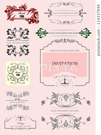 Set of ornate vector frames and ornaments with sample text. Perfect as invitation or announcement. All pieces are separate. Easy to change colors and edit. Set of ornate vector frames and ornaments with sample text. Perfect as invitation or announcement. All pieces are separate. Easy to change colors and edit. 114337644