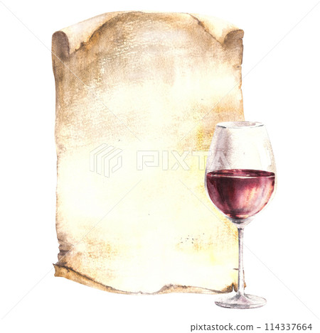 Glass of red wine, drink against old papyrus leaf, vintage paper background, menu, wine list. Wine making template for flyers, card. Watercolour hand draw food illustration isolated white background Glass of red wine, drink against old papyrus leaf, vintage paper background, menu, wine list. Wine making template for flyers, card. Watercolour hand draw food illustration isolated white background 114337664