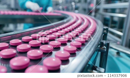 Pink tablets on conveyor belt in pharmaceutical production line. 114337906