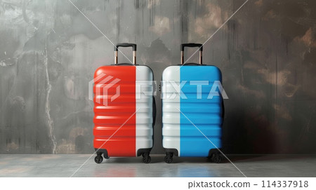 Red and blue hard-shell travel suitcases against a textured gray concrete wall. 114337918