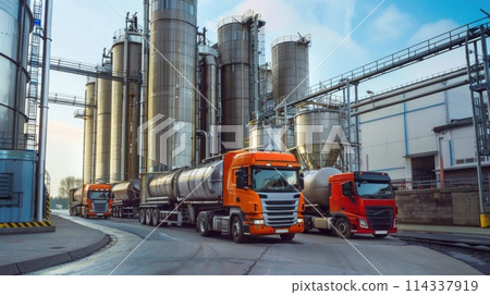 Industrial grain silos with parked delivery trucks at a distribution facility. 114337919
