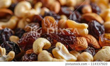 Assorted nuts and dried fruits close-up. Healthy snacks and nutritious food concept. Assorted nuts and dried fruits close-up. Healthy snacks and nutritious food concept. 114337920