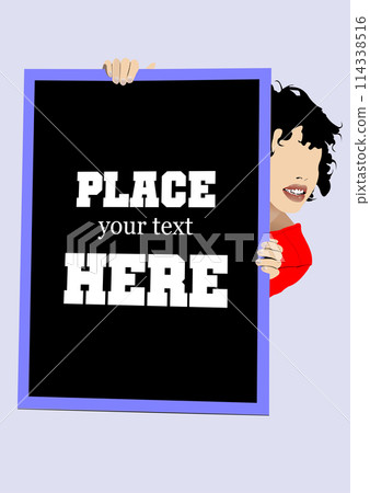 Girl with sale n board. Vector 3d illustration 114338516