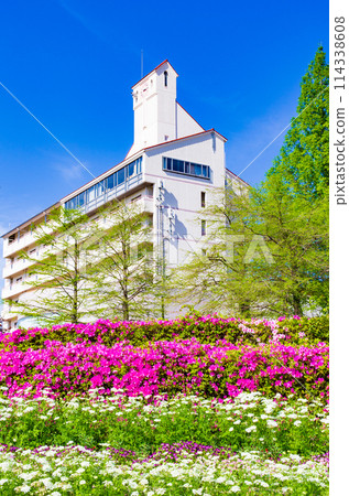 Kobe Happy Village with fresh greenery, blue skies and azaleas in full bloom 114338608