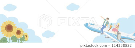 橫幅旅行夏季框架人家庭飛機向日葵背景複製空間插圖材料 114338822