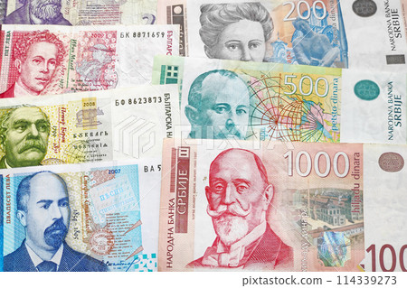 Stack of Bulgarian Lev and Serbian Dinar 114339273