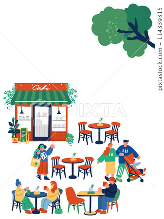 Illustration of a cafe exterior and people enjoying themselves on a cafe terrace 114339315