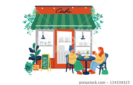 Illustration of a cafe exterior and a woman drinking coffee on the terrace 114339325