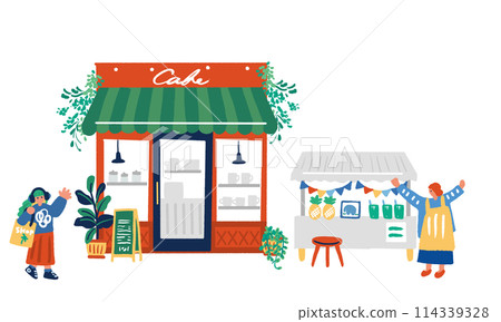 Cafe event, exterior and woman illustration 114339328
