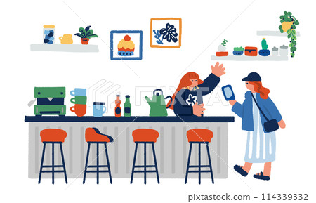 Illustration of a woman showing her smartphone in a cafe 114339332