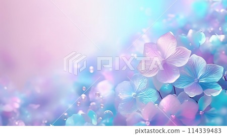 繡球花和水滴,具有夢幻般的光澤和透明度 繡球花和水滴,具有夢幻般的光澤和透明度 114339483